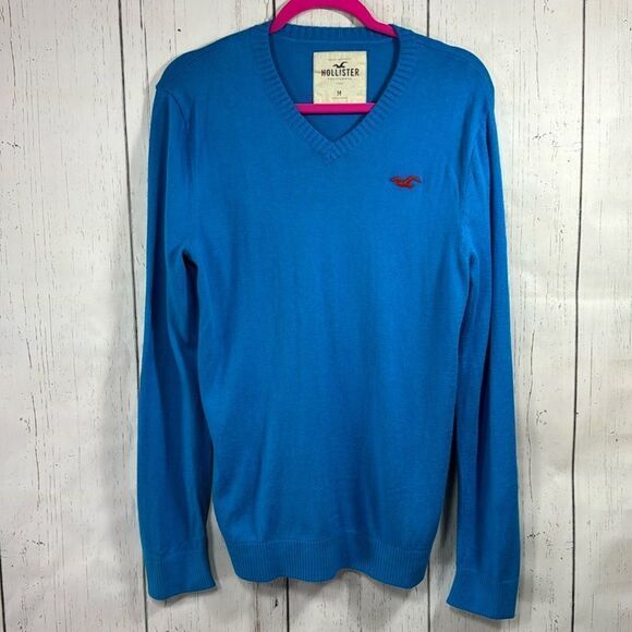 Hollister Mens Aqua Blue V Neck Sweater Coastal Preppy Classic Casual Everyday - Picture 1 of 13